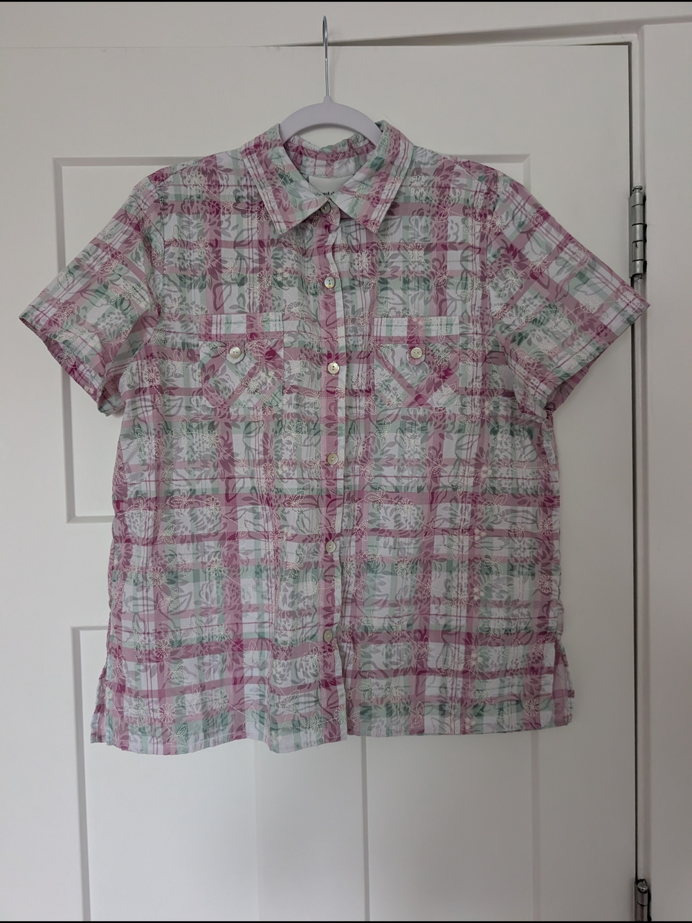 Alfred Dunner Pink and Mint Plaid Floral Embroidered Short-Sleeve Shirt Size 12
